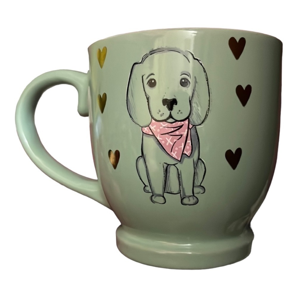 DOG mug mint green a golden/lab puppy in pink bandana 6 gold hearts around it.